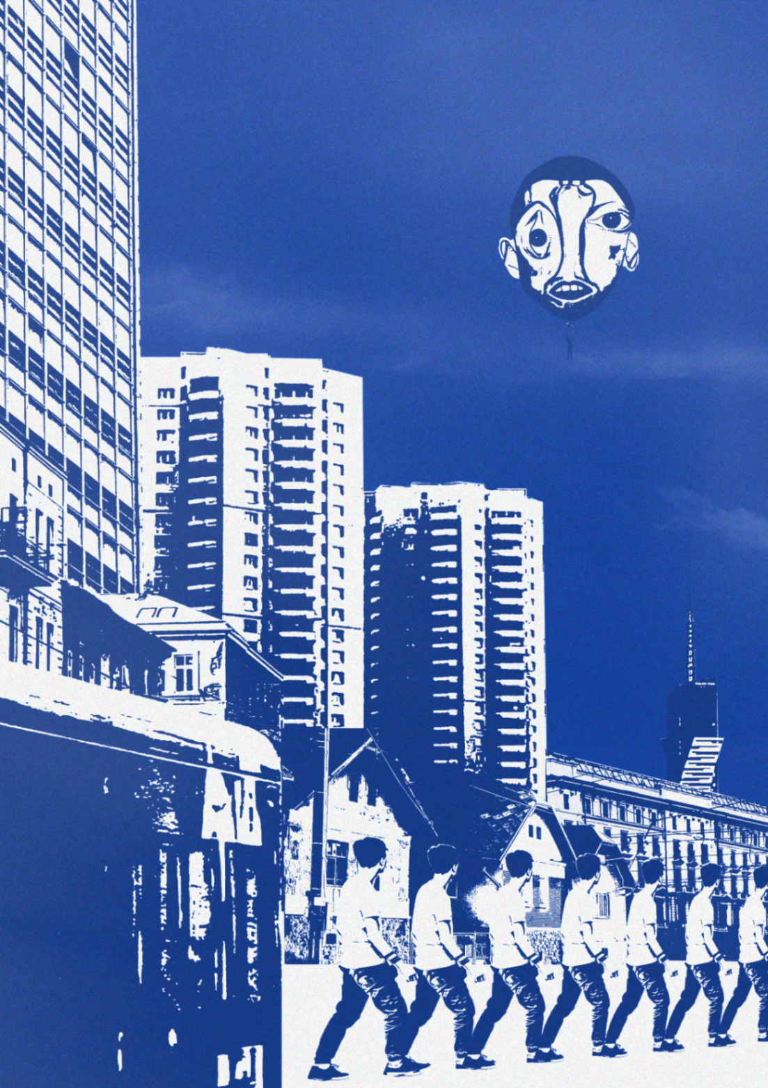 blue-toned collage poster of a mask-like balloon floating above a cityscape with marching figures