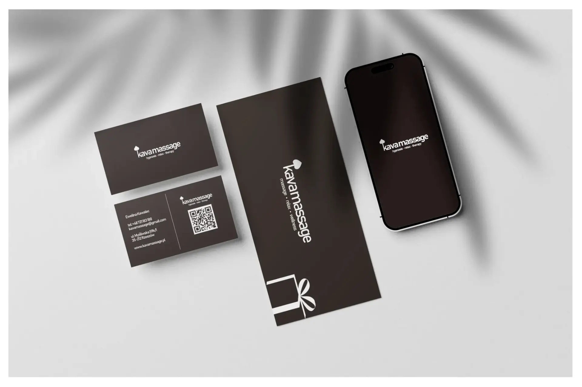 kava massage brand collateral mockup with brown business card, gift voucher and leaf-and-heart logo