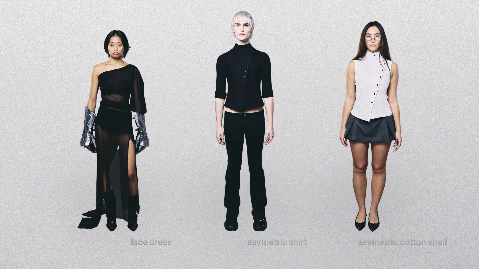 three unalike garments on neutral backgrounds: a lace dress, an asymmetric shirt and an asymmetric cotton shell